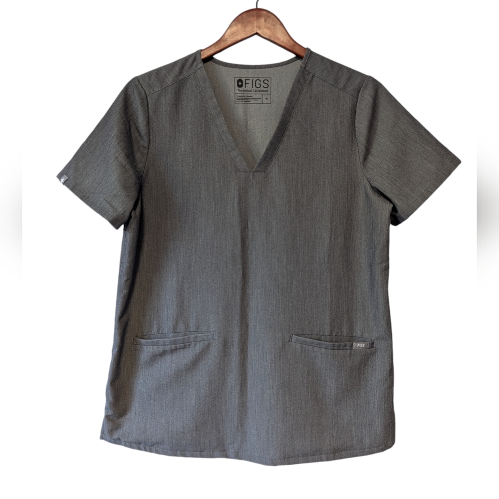 Figs Technical Collection Womens Gray V Neck Short Sleeves Scrub Top Size Medium